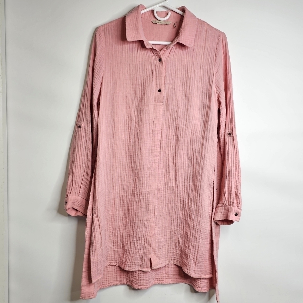 Soft Surroundings Small Lagenlook Pink Cotton Gauzy Half Buttondown Tunic Dress